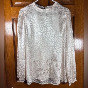 Savannah Jane Large Ruffle Neck Long Sleeve Ivory Blouse Animal Print